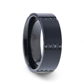 MYSTERIOUS Flat Brushed Black Titanium Men's Wedding Ring With 6 Sets of Quadruple Black Sapphires In Horizontal Channels
Size 10.5