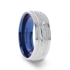 MARINER Titanium Milgrain Engraved Finish Men 's Wedding Ring with Blue Plating Inside- 8mm size 10.5