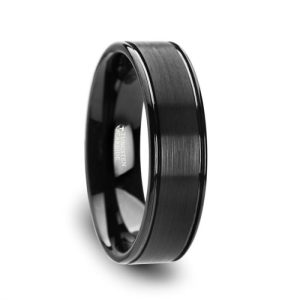 TURNER Flat Brushed Finish Center Black Tungsten Carbide Wedding Band with Dual Offset Grooves and Polished Edges - 6mm & 8mm Size 7.5