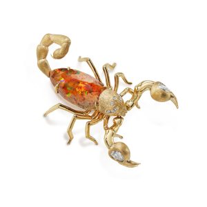 14K Yellow Gold Mexican Fire Opal/Diamond Scorpion Brooch