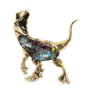 14K Yellow Gold Australian Boulder Opal Velociraptor Brooch