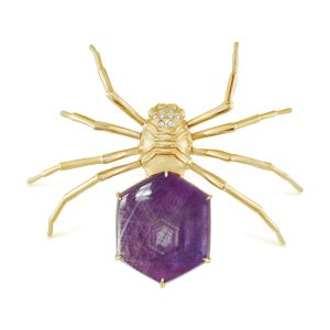 14K Yellow Gold Ruby Slice Black Widow Spider Brooch