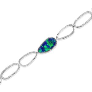14K White Gold Australian Opal Doublet/Diamond Bracelet