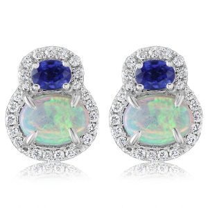 14K White Gold Australian Opal/Blue Sapphire/Diamond Earrings
