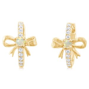 14K Yellow Gold Australian Opal Diamond Bow Earrings