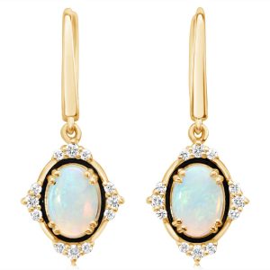 14K Yellow Gold Australian Opal/ Diamond Earrings with Black Enamel