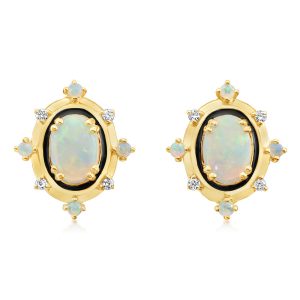 14K Yellow Gold Australian Opal/ Diamond Earrings with Black Enamel