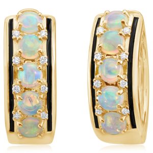 14K Yellow Gold Australian Opal/ Diamond Hoop Earrings with Black Enamel