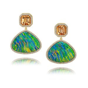 18K Yellow Gold Australian Opal Doublet/Apricot Topaz/Diamond Earrings