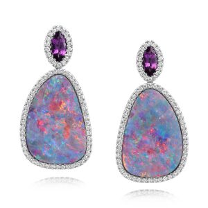 Platinum Australian Opal Doublet/Purple Garnet Earrings