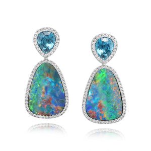 Platinum Australian Opal Doublet/Blue Zircon/Diamond Earrings