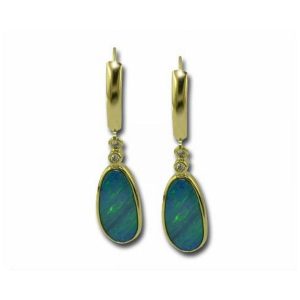 14K Yellow Gold Australian Opal Doublet Leverback with Diamond