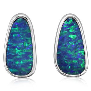 14K White Gold Australian Opal Doublet Plain Bezel Earrings