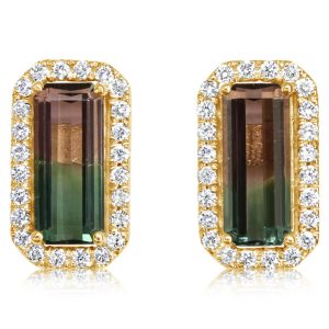 14K Yellow Gold Bi-Color Tourmaline/Diamond Earrings