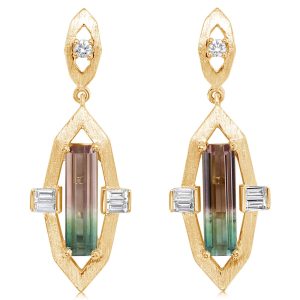 14K Yellow Gold Bi-Color Tourmaline/Diamond Earrings