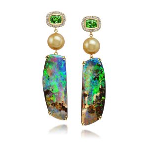 18K Yellow Gold Australian Boulder Opal/South Sea Pearl/Tsavorite Earrings