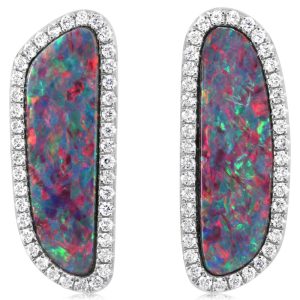 14K White Gold Australian Opal Doublet/Diamond Earrings