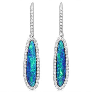 14K White Gold Australian Opal Doublet/Diamond Earrings