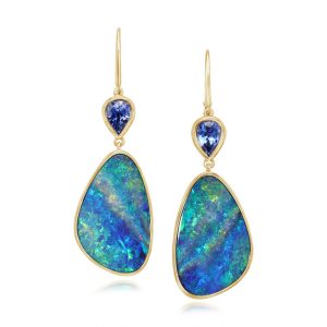 14K Yellow Gold Australian Opal Doublet/Ceylon Sapphire Earrings ,