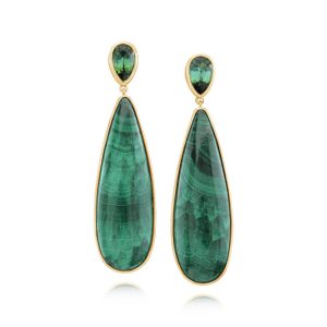 14K Yellow Gold Chatoyant Malachite/Green Tourmaline Earrings ,