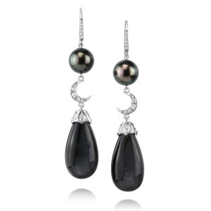 18K White Gold Black Moonstone/Tahitian Pearl/Diamond Moon Earrings