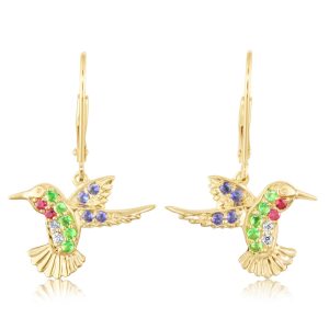 14K Yellow Gold Tsavorite/Ruby/Blue & Green Sapphire Hummingbird Earrings