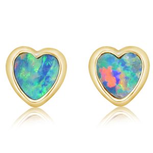 14K Yellow Gold 6mm Australian Opal Doublet Heart Earrings