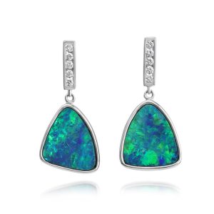 14K White Gold Australian Opal Doublet/Diamond Earrings