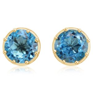 14K Yellow Gold 8mm Round Blue Topaz Earrings