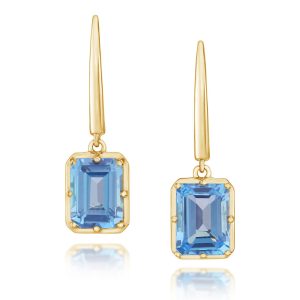 14K Yellow Gold 6x8 mm Octagon Blue Topaz Earrings