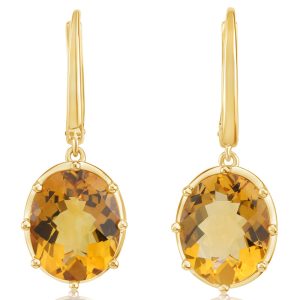 14K Yellow Gold 11x9 mm Oval Checkerboard Citrine Earrings