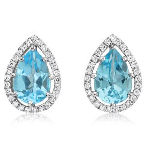 14K White Gold 9x6mm Pear Blue Topaz/Diamond Earrings