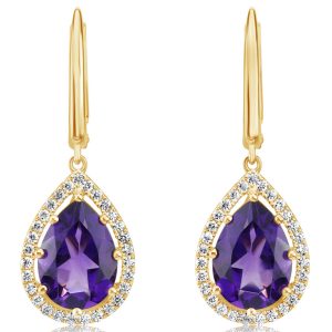 14K Yellow Gold 10x7mm Pear Amethyst/Diamond Earrings