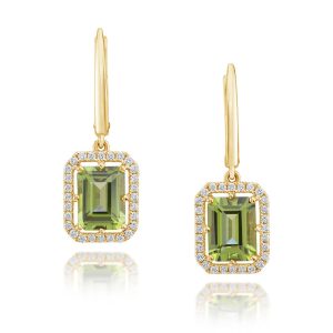 14K Yellow Gold 8x6 Octagon Peridot/Diamond Earrings
