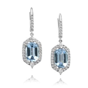 Platinum Aquamarine/Diamond Earrings with 18K White Gold Leverback