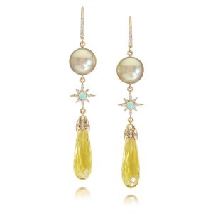 18K Yellow Gold Yellow Beryl/South Sea Pearl/Opal & Diamond Star Earrings