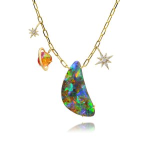 14K Yellow Gold Australian Boulder Opal/Fire Opal/Diamond Neckpiece