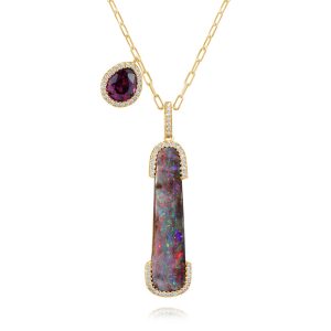 18K Yellow Gold Australian Boulder Opal/Purple Garnet/Diamond Neckpiece