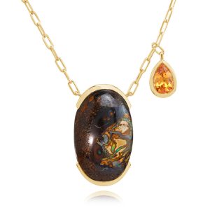 14K Yellow Gold Australian Boulder Opal/Mandarin Garnet Neckpiece