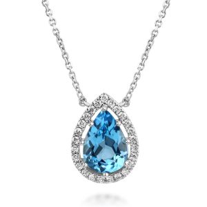 14K White Gold 10x7 Pear Blue Topaz/Diamond Neckpiece