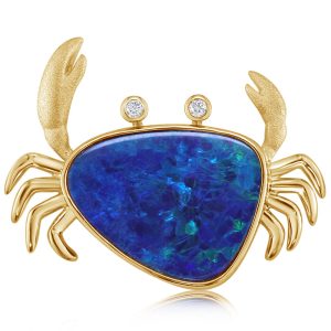 14K Yellow Gold Australian Opal Doublet/Diamond Crab Pendant