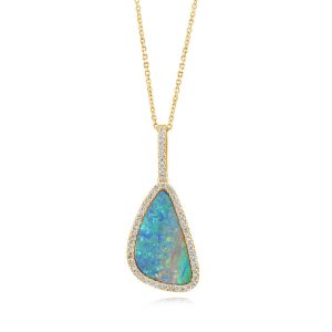 14K Yellow Gold Australian Opal Doublet/Diamond Pendant