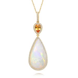 18K Yellow Gold Australian Opal/Mandarin Garnet/Diamond Pendant