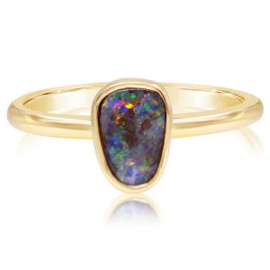 14K Yellow Gold Australian Boulder Opal Smooth Shank Ring