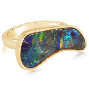 14K Yellow Gold Australian Boulder Opal Smooth Shank Ring