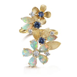 14K Yellow Gold Australian Opal/Montana Sapphire/ Diamond Flower Ring