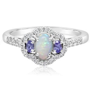 14K White Gold Australian Opal/Tanzanite/Diamond Ring