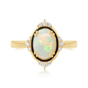 14K Yellow Gold Australian Opal/Diamond Ring with Black Enamel