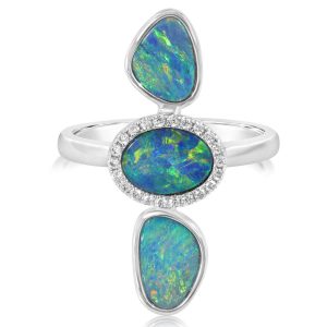 14K White Gold Australian Opal Doublet/Diamond Ring