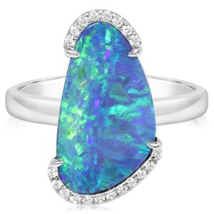 14K White Gold Australian Opal Doublet/Diamond Ring ,